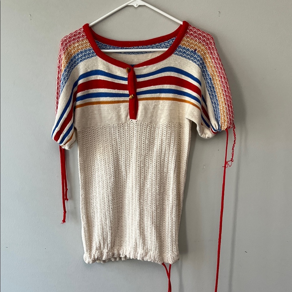 Vintage Cream Knit Top with Red Trim and Multicolor Stripes